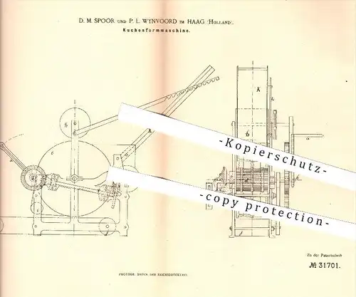 original Patent - D. M. Spoor und P. L. Wynvoord im Haag , Holland , 1884 , Kuchenformmaschine , Kuchenform , Bäcker !!