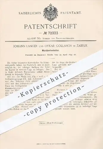 original Patent - J. Langer , O. Gollasch in Zarbze , 1893 , Wandkartenhalter , Karten , Karten , Landkarten , Schule !!