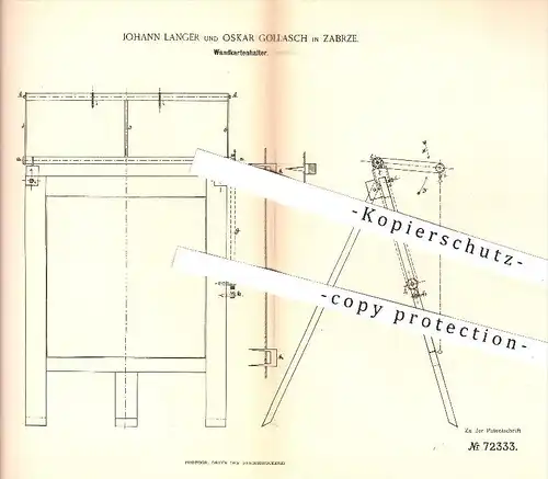 original Patent - J. Langer , O. Gollasch in Zarbze , 1893 , Wandkartenhalter , Karten , Karten , Landkarten , Schule !!