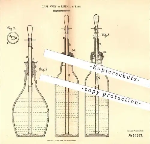 original Patent - Carl Vrey in Essen / Ruhr , 1890 , Saugflaschenstöpsel , Saugflasche , Stöpsel , Flasche , Flaschen !!
