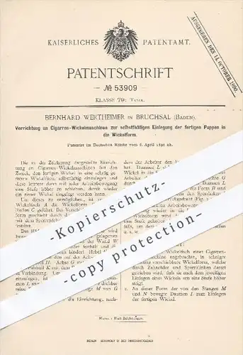 original Patent - Bernhard Wertheimer in Bruchsal , 1890 , Zigarren - Wickelmaschine , Zigarre , Zigaretten , Tabak !!!