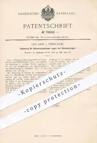 original Patent - Leo Lihn in Remscheid , 1894 , Sicherung für Rollvorhangstangen , Rollo , Rollos , Fenster , Gardinen
