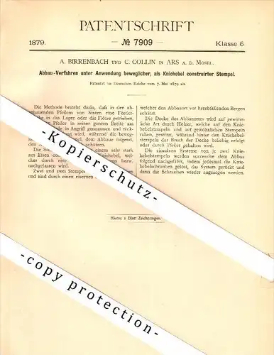 Original Patent - A. Birrenbach et C. Collin à Ars-sur-Moselle , 1879 , Appareil pour l'exploitation minière !!!