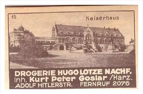 altes Etikett von Streichholzschachtel ,um 1940 , Hugo Lotze in Goslar !!! 56x35mm , Streichhölzer