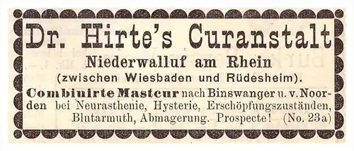 original Werbung - 1898 - Curanstalt Dr. Hirte in Nieder - Walluf , Niederwalluf , Krankenhaus Kur , Arzt , Apotheke !!!