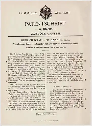 Original Patentschrift - H. Berve in Schnappach /  Sulzbach  , 1906 , Vorrichtung für Grubenwagen , Zeche , Grube , Saar