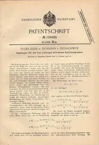 Original Patentschrift - E. Klein in Zschieren b. Zschachwitz , 1902, Empfänger für Telegraph , telegraphy , Dresden !!!