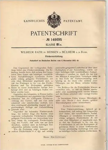 Original Patentschrift - W. Rath in Heissen b. Mülheim a.d. Ruhr , 1902 , Fördervorrichtung !!!