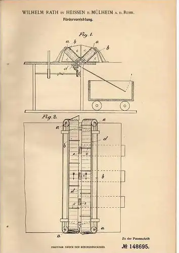 Original Patentschrift - W. Rath in Heissen b. Mülheim a.d. Ruhr , 1902 , Fördervorrichtung !!!
