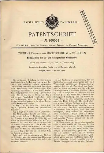 Original Patentschrift - C. Freiherr v. Bechtolsheim in München , 1898 , Melkmaschine , Melker , Landwirtschaft !!!
