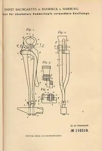 Original Patentschrift - E. Baumgarten in Barmbeck b. Hamburg , 1899 , Kneifzange als abnehmbarer Hammer !!!