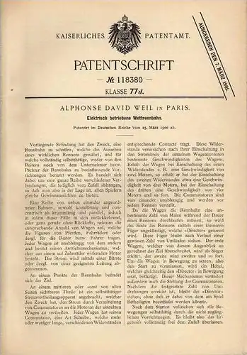 Original Patentschrift - Rennbahn , Pferderennen , 1900 , A. Weil in Paris , Pferde , Pferde , Wettrennbahn !!!