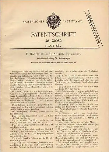 Original Patentschrift - F. Darcelle à Chartres , 1901 , Voiture Drive, automobile !!!