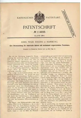 Original Patentschrift - J.W. Ehlers in Hamburg , Stromzuleitung , Elektriker , 1899 !!!