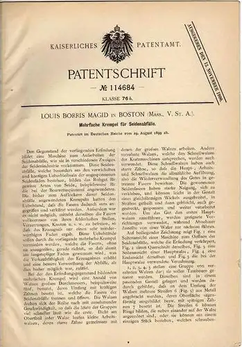 Original Patentschrift - Seide , Seidenmaschine ,1899 , L. Borris in Boston !!!
