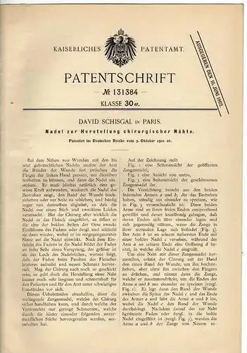 Original Patentschrift - D. Schisgal in Paris ,1901 , Chirurgische Nadel , Arzt , Instrument , Operatition