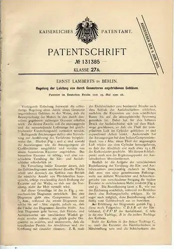 Original Patentschrift - E. Lamberts in Berlin , 1900 , Gasmotor für Gebläse , Motor !!!