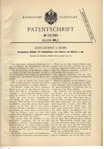Original Patentschrift - L. Laurent in Reims , 1901 , Schmiedeofen , Schmied , Hufeisen !!!