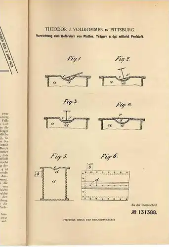 Original Patentschrift - T. Vollkommer in Pittsburg ,1900 , Transport von Platten !!!