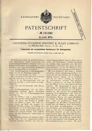 Original Patentschrift - Sprocket Company in Petaluma ,1901 , Chain transmission, automobiles , Kettengetriebe !!!