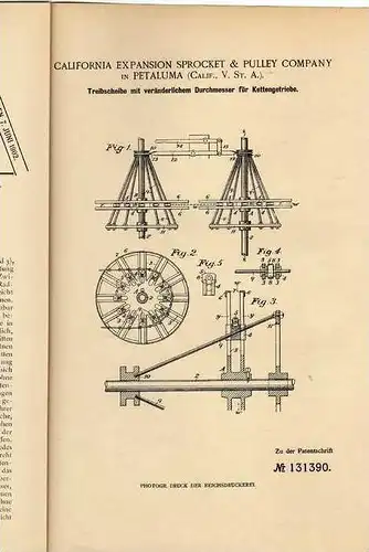 Original Patentschrift - Sprocket Company in Petaluma ,1901 , Chain transmission, automobiles , Kettengetriebe !!!