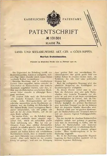 Original Patentschrift - Land- und Seekabelwerke AG in Köln - Nippes , 1900 , Drahtziehmaschine , Maschinenbau !!!