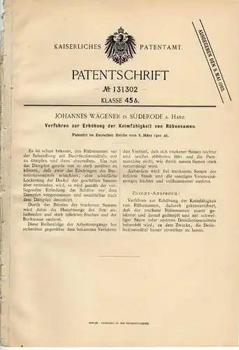 Original Patentschrift - J. Wägener in Suderode a. Harz ,1901 , Rübensamen , Landwirtschaft !!!