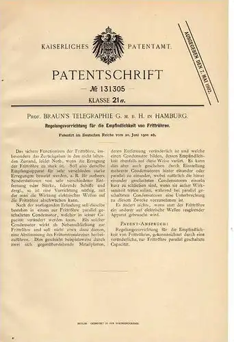 Original Patentschrift - Prof. Braun`s Telegraphie GmbH in Hamburg ,1900 , Regelungsvorrichtung , telegraphy !!!