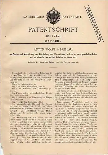 Original Patentschrift -  A. Wolff in Breslau , 1900 , Formsteine , Pflastersteine , Bau , Maurer , Tiefbau !!!
