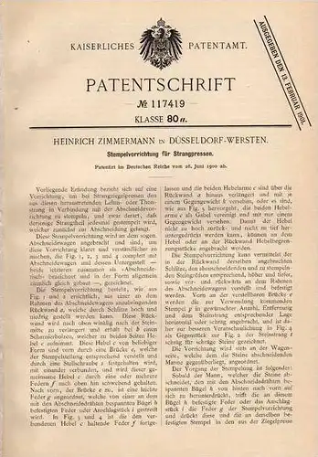 Original Patentschrift - H. Zimmermann in Düsseldorf - Wersten ,1900, Strangpresse , Presse , Metallbau !!!