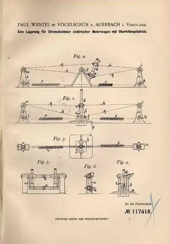 Original Patentschrift - P. Wenzel in Vogelsgrün b. Auerbach ,1900,  Oberleitungs Motorwagen !!!