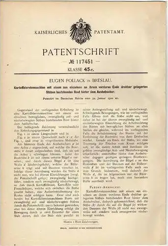 Original Patentschrift - E. Pollack in Breslau , 1900 , Kartoffelerntemaschine , Landwirtschaft , Agrar !!!