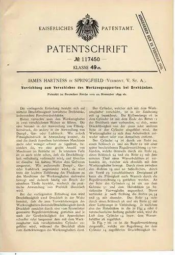 Original Patentschrift -  James Hartness in Springfield , USA , Drehbank , 1899 !!!