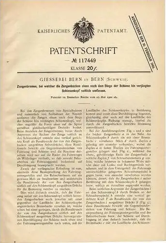 Original Patentschrift - Giesserei Bern , 1900 , Eisenbahn , Schiene , Zangenbremse , Gleis !!!