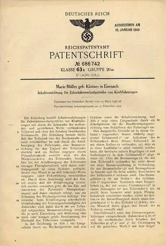 Original Patentschrift - Marie Müller in Eisenach ,1935 , Schaltung für Getriebe , Automobile !!!