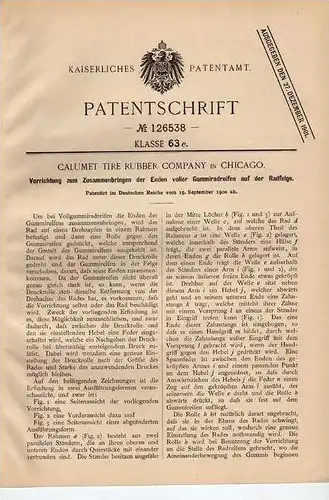 Original Patentschrift - Calumet Tire Rubber Company in Chicago , Reifen Maschine , 1900  !!!