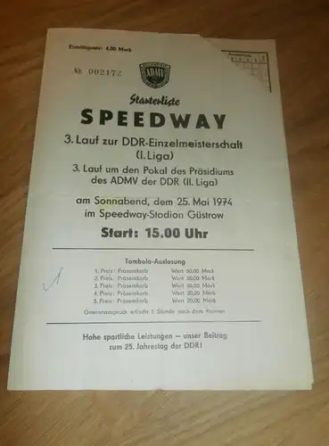 Speedway Güstrow 25.05.1974 , DDR Meisterschaft , Programmheft / Programm / Rennprogramm , program !!!