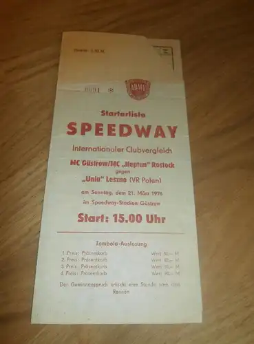 Speedway Güstrow 21.03.1976 , Unia Leszno, Rostock , Programmheft / Programm / Rennprogramm , program !!!