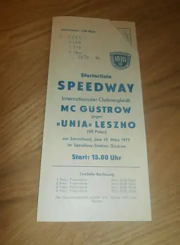Speedway Güstrow 19.03.1977 , Unia Leszno , Programmheft / Programm / Rennprogramm , program !!!