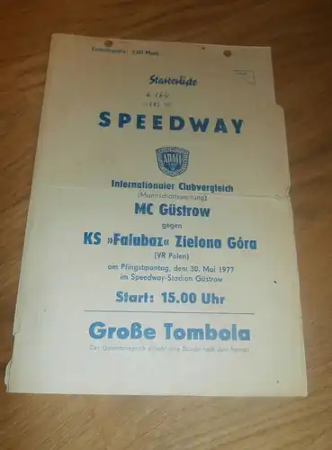 Speedway Güstrow 30.05.1977 , Falubaz Zielona Gora , Programmheft / Programm / Rennprogramm , program !!!
