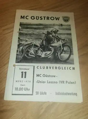 Speedway Güstrow 11.03.1978 , Unia Leszno , Programmheft / Programm / Rennprogramm , program !!!