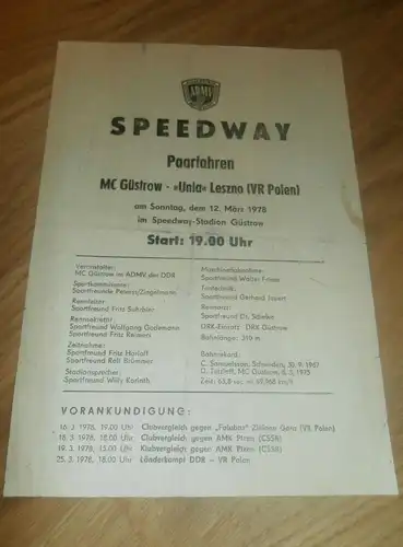 Speedway Güstrow 12.03.1978 , Leszno , Programmheft / Programm / Rennprogramm , program !!!