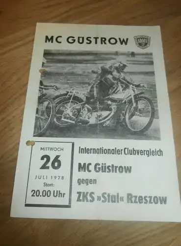 Speedway Güstrow 26.07.1978 , Stal Rzeszow , Neubrandenburg , Programmheft / Programm / Rennprogramm , program !!!