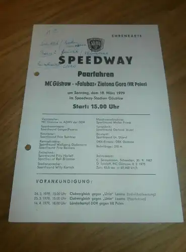 Speedway Güstrow 18.03.1979 , Falubaz Zielona Gora , Programmheft / Programm / Rennprogramm , program !!!