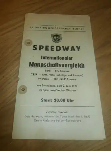 Speedway Güstrow 02.06.1979 , DDR - Polen - CSSR , Programmheft / Programm / Rennprogramm , program !!!