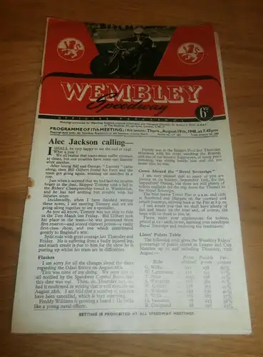 Speedway Wembley , 19.8.1948 , Programmheft / Programm / Rennprogramm , program !!!