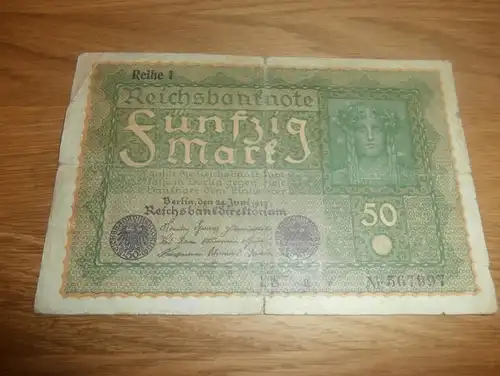 Reichsbanknote Fünfzig Mark 1919 , Banknote 50 Mark , Reihe 1 !!!