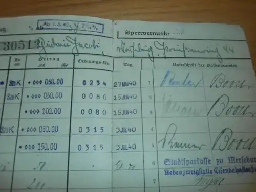 altes Sparbuch Merseburg , 1940 - 1945 , G. Jakobi , Preußenring , Sparkasse , Bank !!!