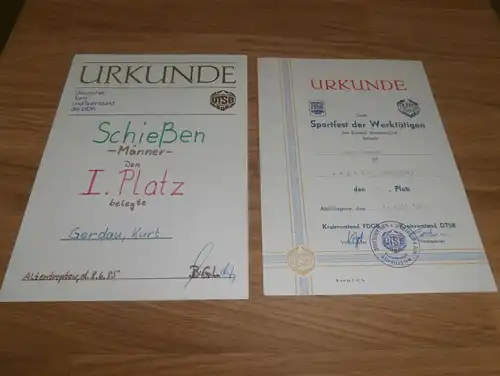 2x Urkunde K. Gerdau , Altentreptow b. Neubrandenburg , Schießen und Angeln , Schießsport , Angelsport , DDR , DTSB  !!!