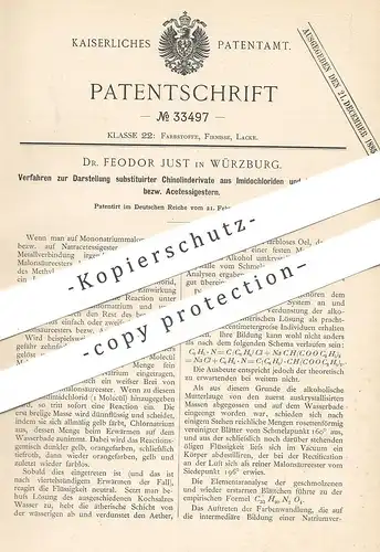original Patent - Dr. Feodor Just , Würzburg , 1885 , Darstellung substituierter Chinolinderivate | Chemie , Ester !!!